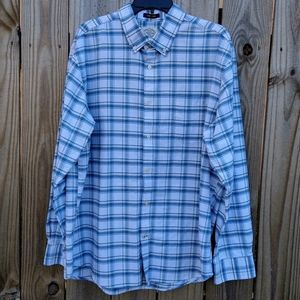 St Johns Bay Shirt Men XL Blue White Plaid Long Sleeve Button Up Cotton Poly